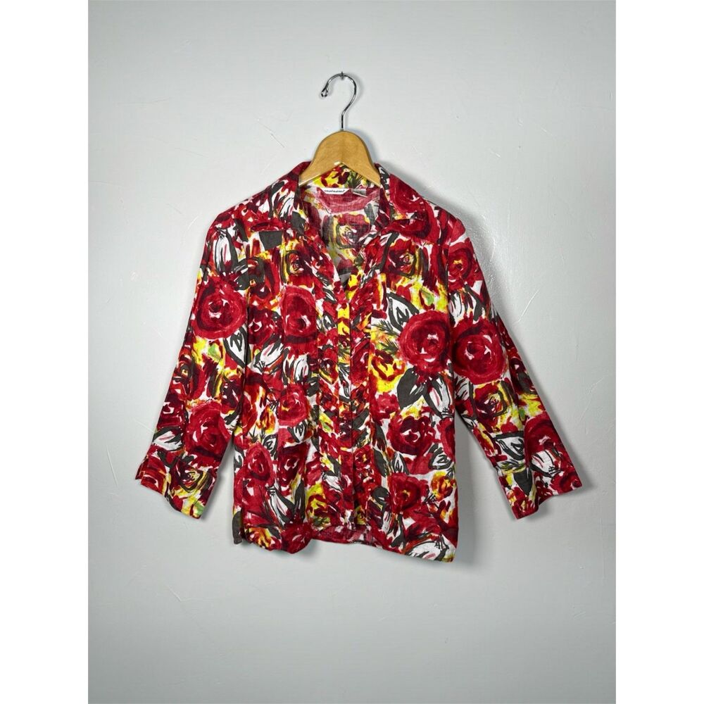 Richard Malcolm Linen Shirt Red Poppy Floral Colorful Size Medium Vintage
